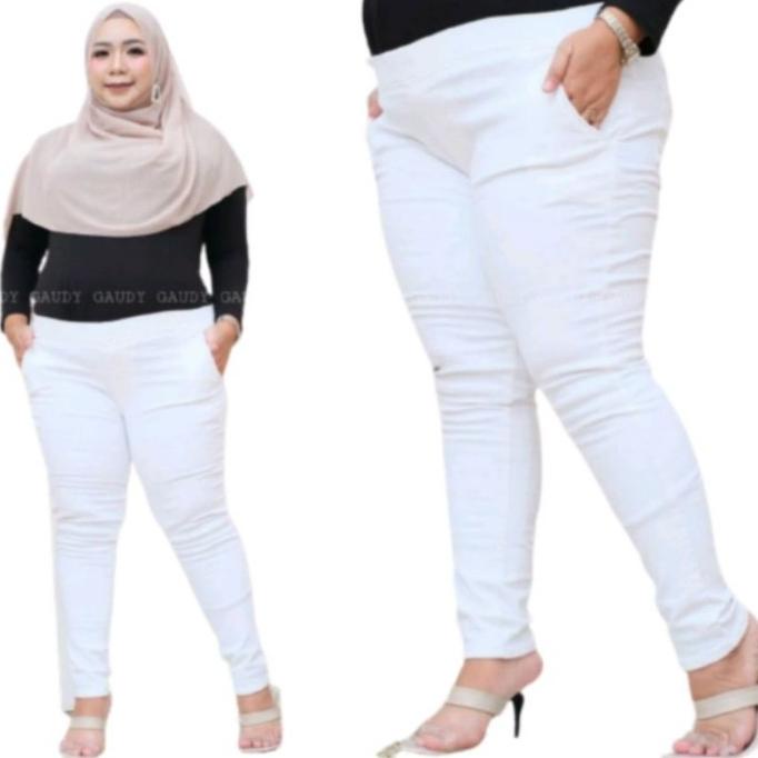 Celana Jeans Putih Wanita Jumbo Legging Jeans Pinggang Kolor Jumbo