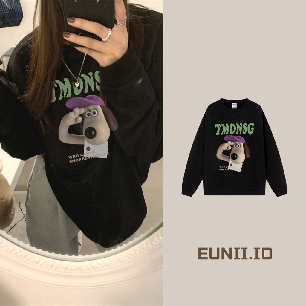 EUNII Sweater Lengan Panjang Cartoon Saluting Dog Korean Style/Hoodie Oversize/Baju Wanita/Switer Wanita