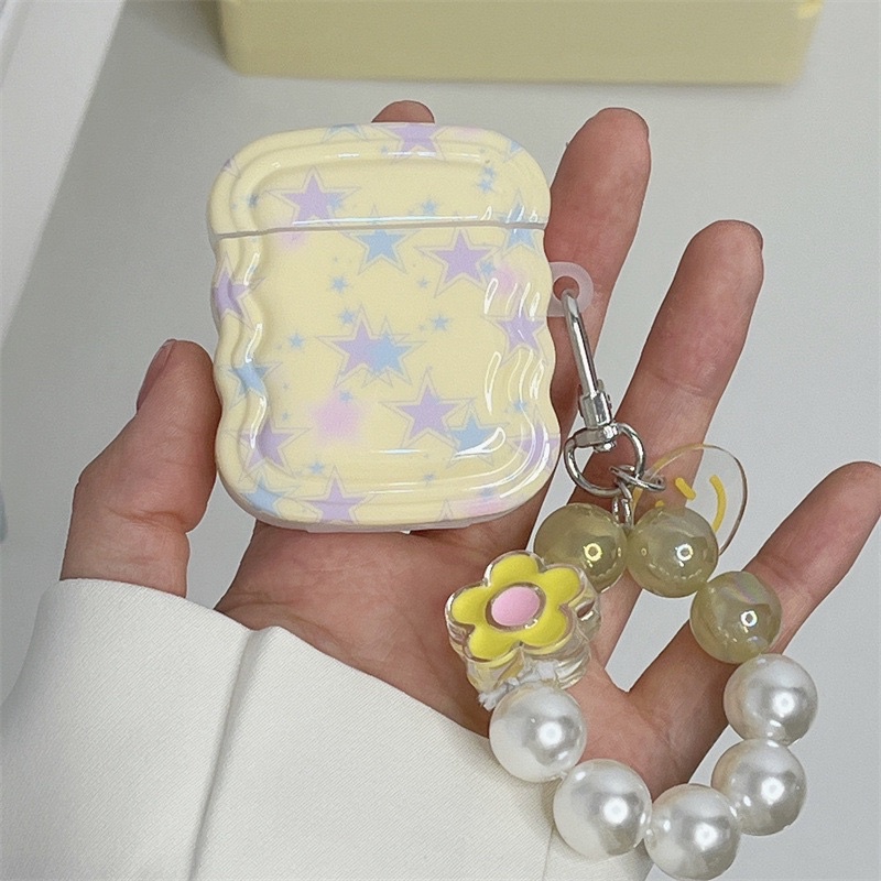 Pastel Yellow Star with Pearl Flower Chain Softcase for Airpods 1 2 Pro 3 Case Airpods Inpods TWS