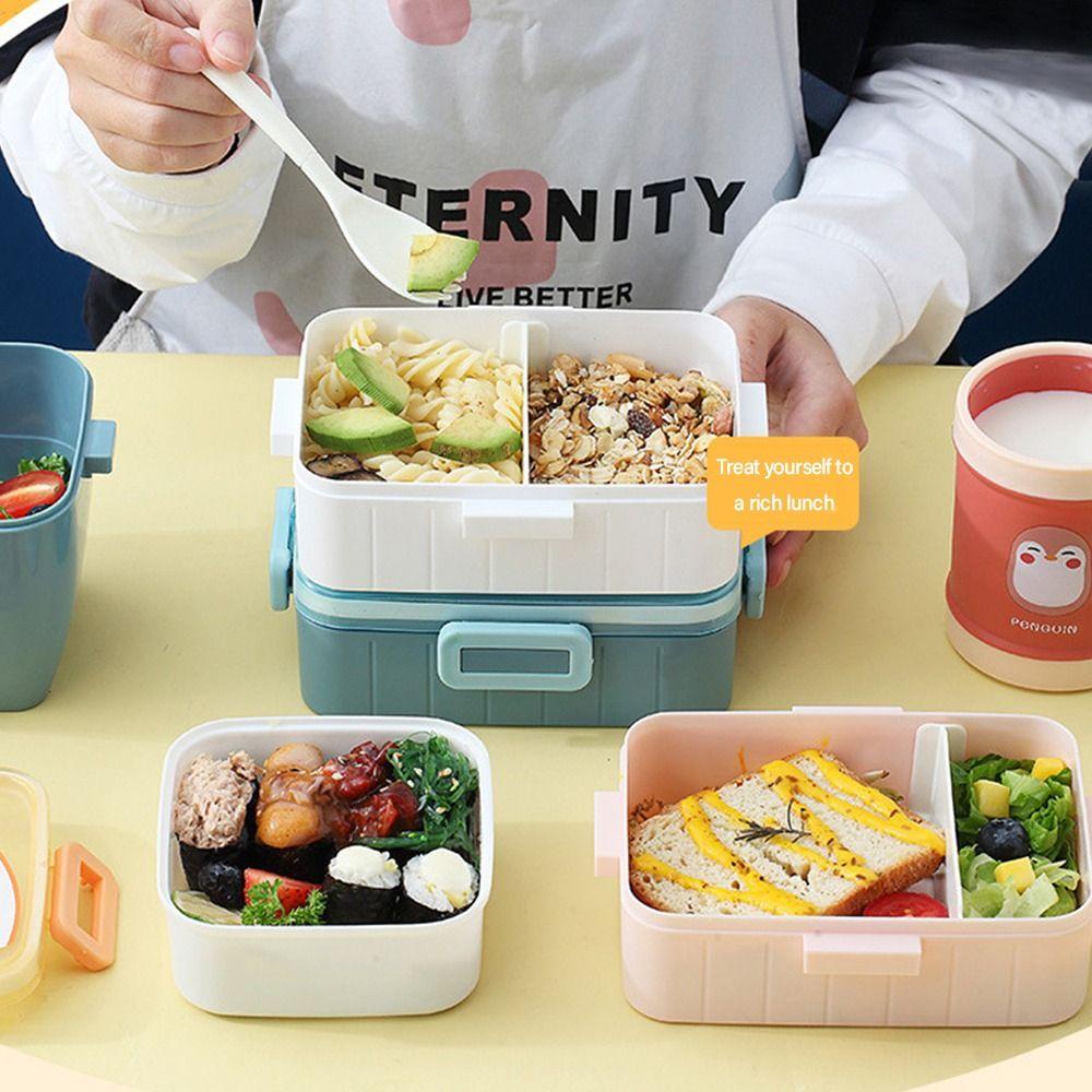 Solighter Lunch Box Microwavable Persegi Panjang Grid Dengan Sendok Wadah Makanan