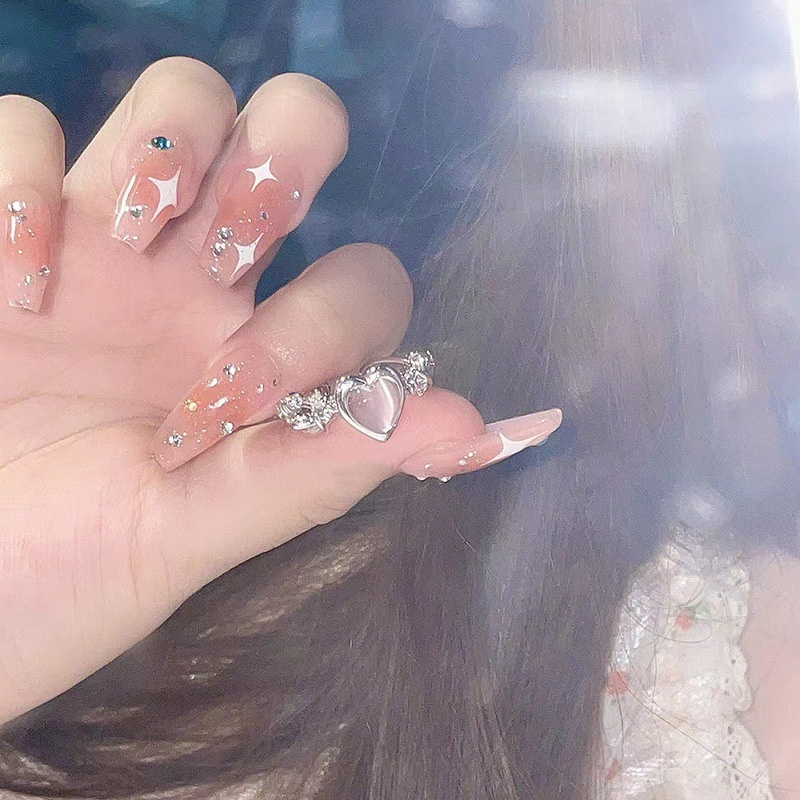 Cincin Model Terbuka Adjustable Bentuk Hati Opal Pink Gaya Korea Untuk Wanita