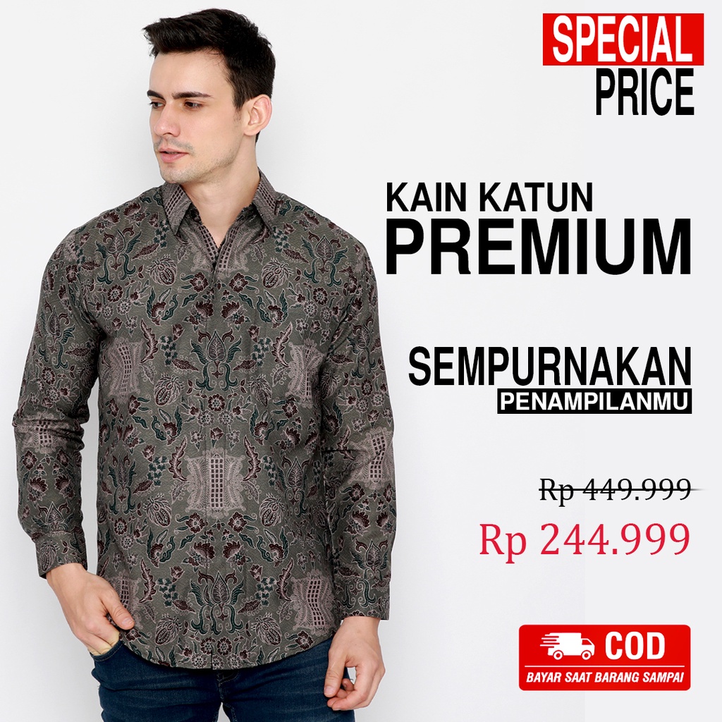 KEMEJA BATIK PRIA Dobby Lengan Panjang Slimfit Motif Pintu Aceh Premium Abu Grey Gray 725742 Cap 72 - Baju Kemeja Atasan Pakaian Setelan Batik Pria Cowok Laki Laki Remaja Keluarga Kantor Lengan Panjang Modern Slimfit Slim Fit Premium Kekinian