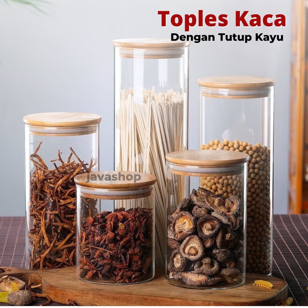 JAVASHOP Toples Kaca Tutup Kayu Tampat Penyimpanan Makanan Kedap Udara