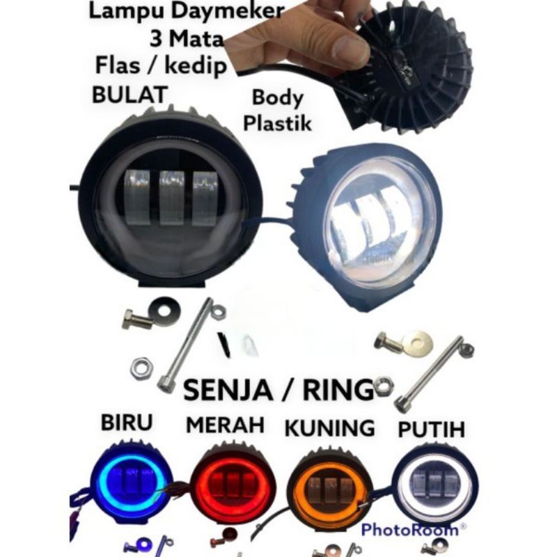 Lampu tembak sorot LED CWL 3 mata lensa 6D 30watt cree angel aye bulat biru merah putih kuning body plastik