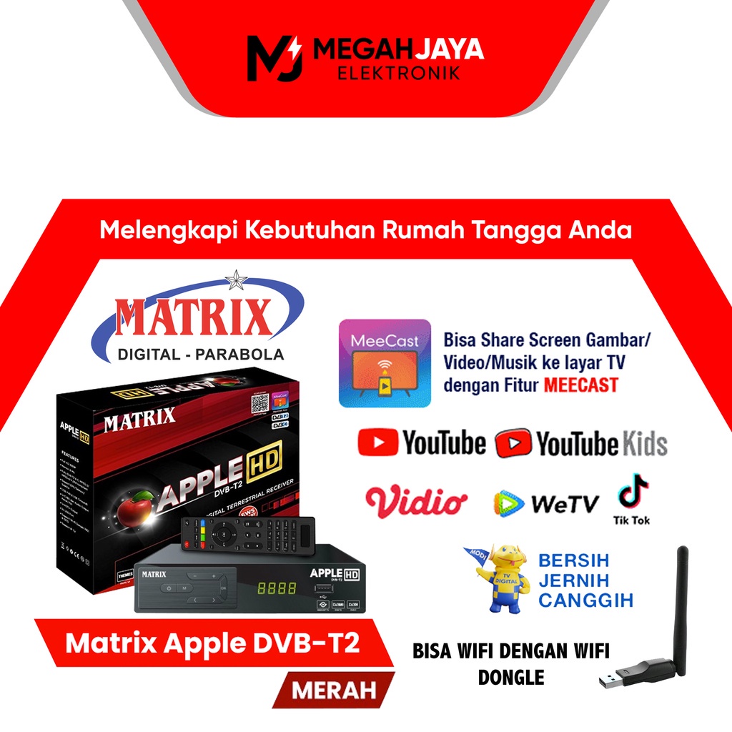 MATRIX APPLE SILVER MERAH STB SET TOP BOX DVB T2 / GARUDA BIRU PREMIUM / PENERIMA SIARAN DIGITAL / PAKET WIFI DONGLE YOUTUBE (ORIGINAL 100% MATRIX INDONESIA)