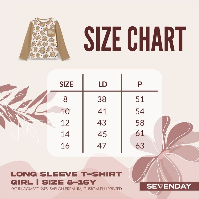 LONG SLEEVE TSHIRT GIRL SEVENDAY SIZE 8-17 T BY PADDLE KIDS / KAOS LENGAN PANJANG LONG SLEEVE T-SHIRT GIRL PADDLEKIDS