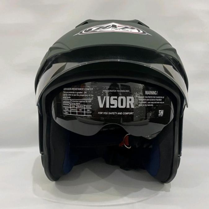 Helm Motor JP 7 Polos Hijau Army Doff Dewasa Sudah SNI (Double Visor)