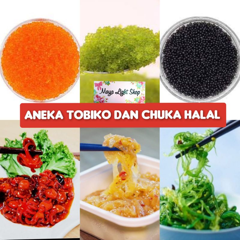 Tobiko chuka sushi unagi kabayaki sashimi chuka wakame idako kurage ubur ubur baby octopus roe telur ikan frozen caviar flying fish tobiko orange hitam hijau wasabi halal topping bahan sushi sashimi