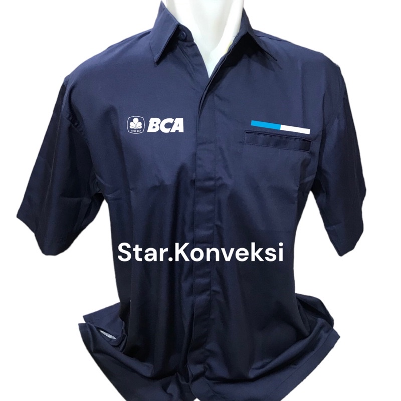 Seragam Dinas Kerja Kemeja PDH Baju Bank BCA Warna Navy Biru Dongker Putih Lengan Panjang Lengan Pen