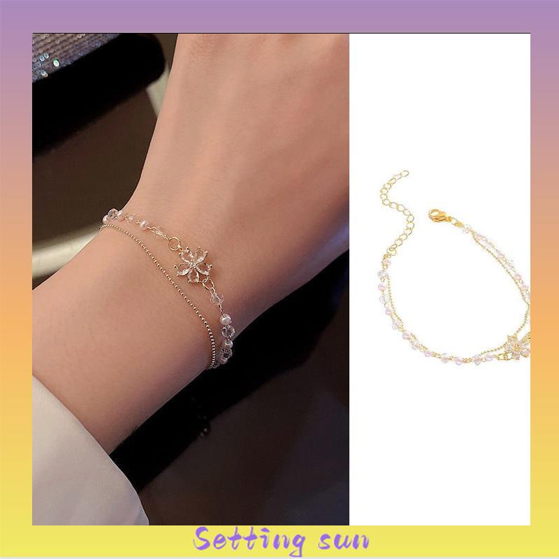 Gelang Bunga Zirkon Mutiara Lapis Ganda Desain Niche Wanita Gelang Pacar Kelas Atas TN