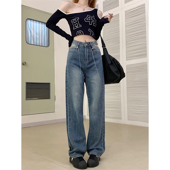 Suhao rantai jeans wanita musim gugur baru berongga rasa desain ceruk high waist slim wide leg mopping pants high street tide