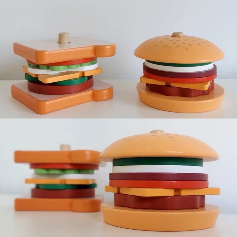 stackable wooden burger sandwich pretend plays mainan susun burger