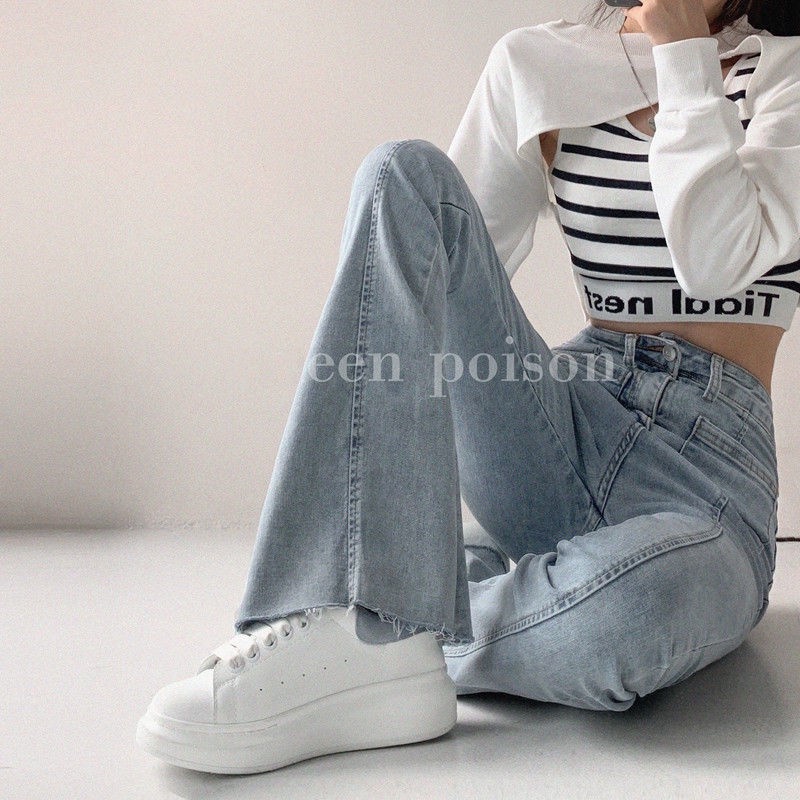 Suhao high street hot girl show leg length jeans women s autumn and winter retro high waist slim straight tube wool edge micro flared floor mopping pants