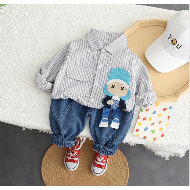 Baju Setelan Anak Cowok Lengan Panjang Impor PREMIUM QUALITY- MATA SILANG KEMEJA + JEANS