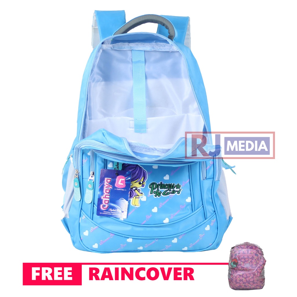 Tas Ransel Anak Cewek Cahaya Princess Bonus Raincover Warna Biru Backpack Premium Bahan Tebal Jahitan Kuat Awet Tas Sekolah SD SMP Ngaji Les TPA TPQ Piknik Muat Laptiop 16 inch Puring Tebal