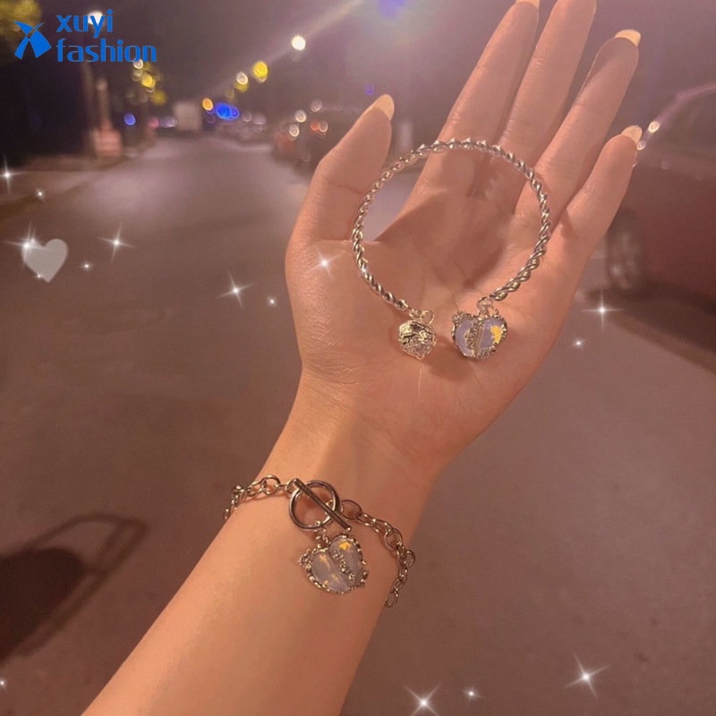 Gelang Bangle Hias Kristal Hati Lonceng Warna Silver Untuk Wanita