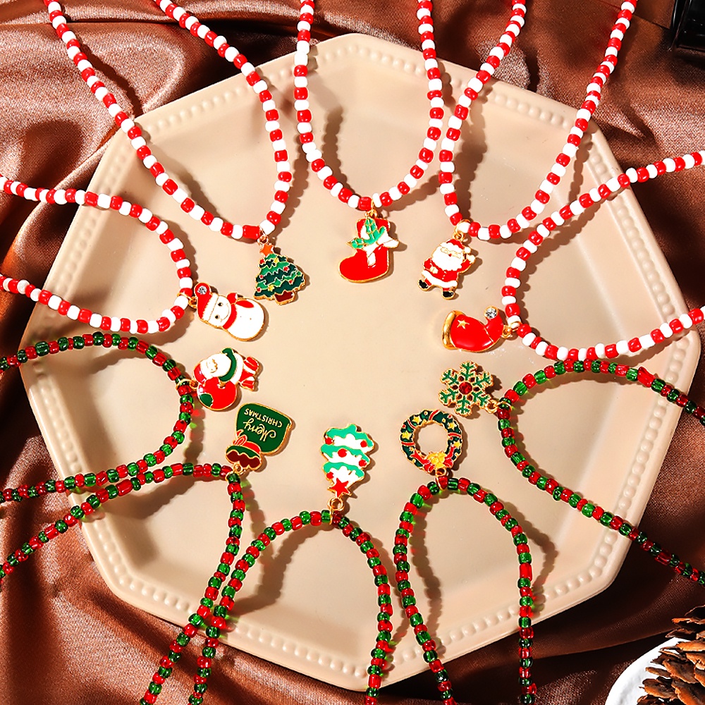 Kalung Klavikula Manik-Manik Warna-Warni Desain Santa Claus Pohon Natal Snowman Untuk Pria Dan Wanita