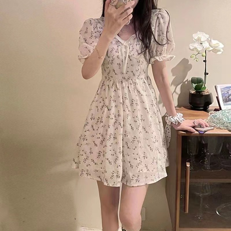 Nico##midi dress korea/Gaun Bunga Krim Wanita Musim Panas Lembut Prancis Lengan Gelembung Rok Sifon Rok Cinta Pertama