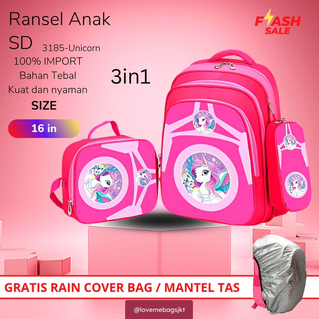 LMB Tas Anak Sekolah Perempuan SD Import Set 3 Bahan Nilon Premium Karakter Lucu Bagian Depan Timbul 6D Tebal dan Kuat