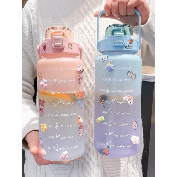 PROMO - BOTOL MINUM MOTIVASI GRADASI 2000ML &amp; 900ML - BOTOL VIRAL PENANDA WAKTU 1SET - BOTOL MINUM RAINBOW FREE SEDOTAN STICKER 2D&amp;3D