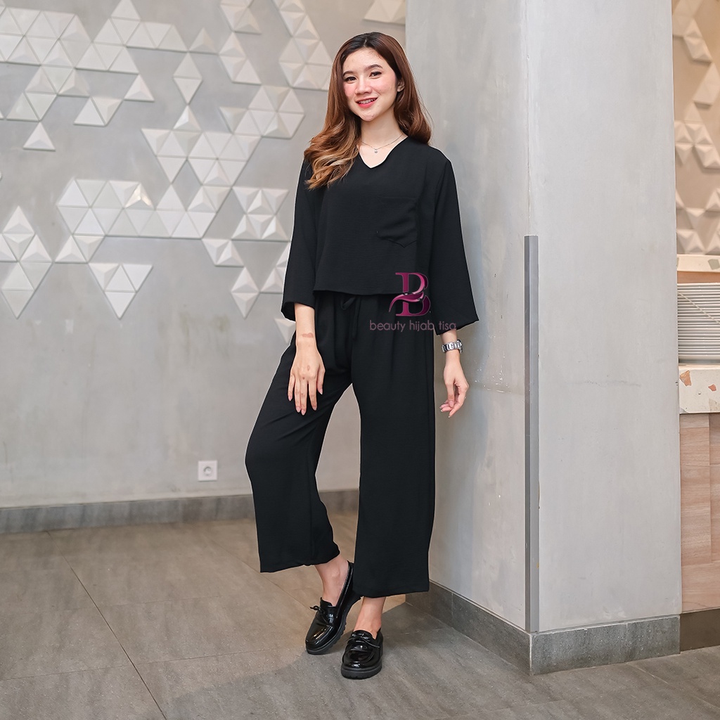 Sania One set polos Crinkle airflow Anti Kusut Crop V Polos setelan wanita lengan panjang terbaru kekinian variasi pocket UK Bigsize beautyhijabtisa