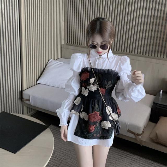 Red French niche puff sleeve dress women s autumn two-piece suit temperamen slim waist white shirt A-line skirt