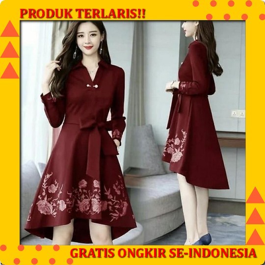 Ilook | Dinar Dress | Midi Dres Korea | Fashion Korean Stlye Baju Dres Natal Wanita Midi Deres Dress