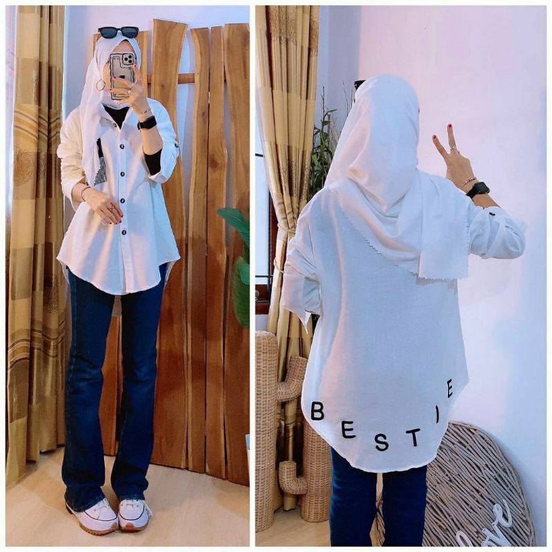 Kemeja Bestie, KEMEJA WANITA CANTIK MODIS FIT XXL LD 110 BAHAN LINEN IMPORT MIX BORDIR TERMURAH OOTD