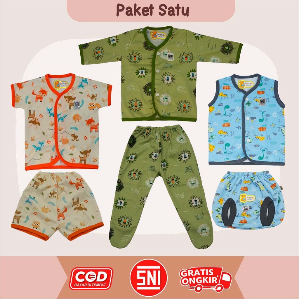 SETELAN BAJU BAYI LUCKY BABY PRINT SERIES/PAKET HEMAT LAHIRAN 6pcs