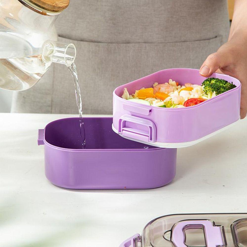 Solighter Lunch Box Microwavable Persegi Panjang Grid Dengan Sendok Wadah Makanan