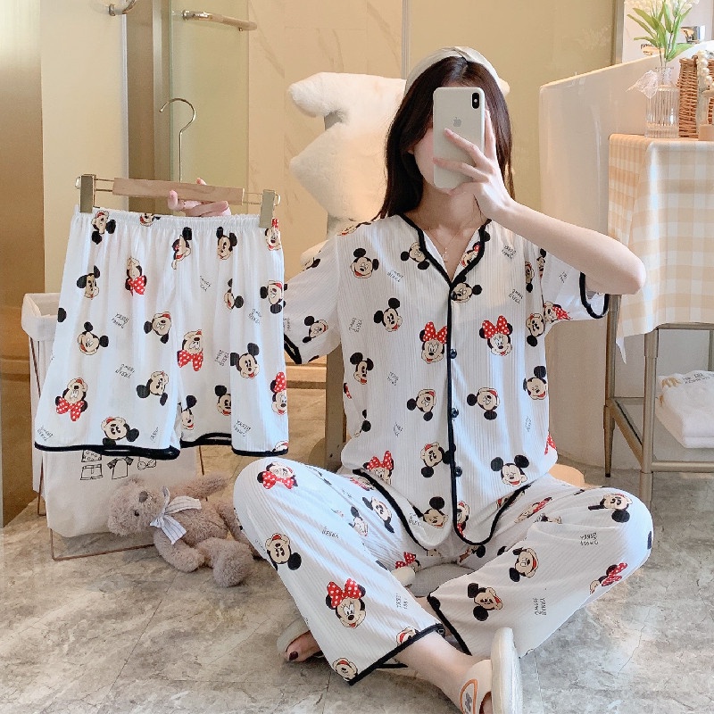 【 Bra Mall 】BM-346 Piyama 3in1 Dewasa Baju Tidur Set Model Kancing Depan Impor Dapat Baju Celana Panjang dan Celana Pendek