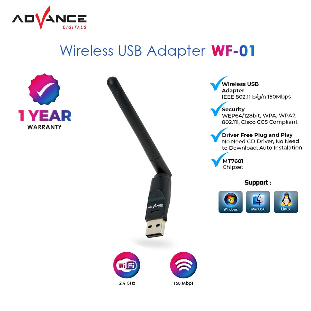 ADVANCE USB Dongle Wifi Wireless Adapter Receiver WF-01 Komputer PC Laptop Set Top Box 150Mbps