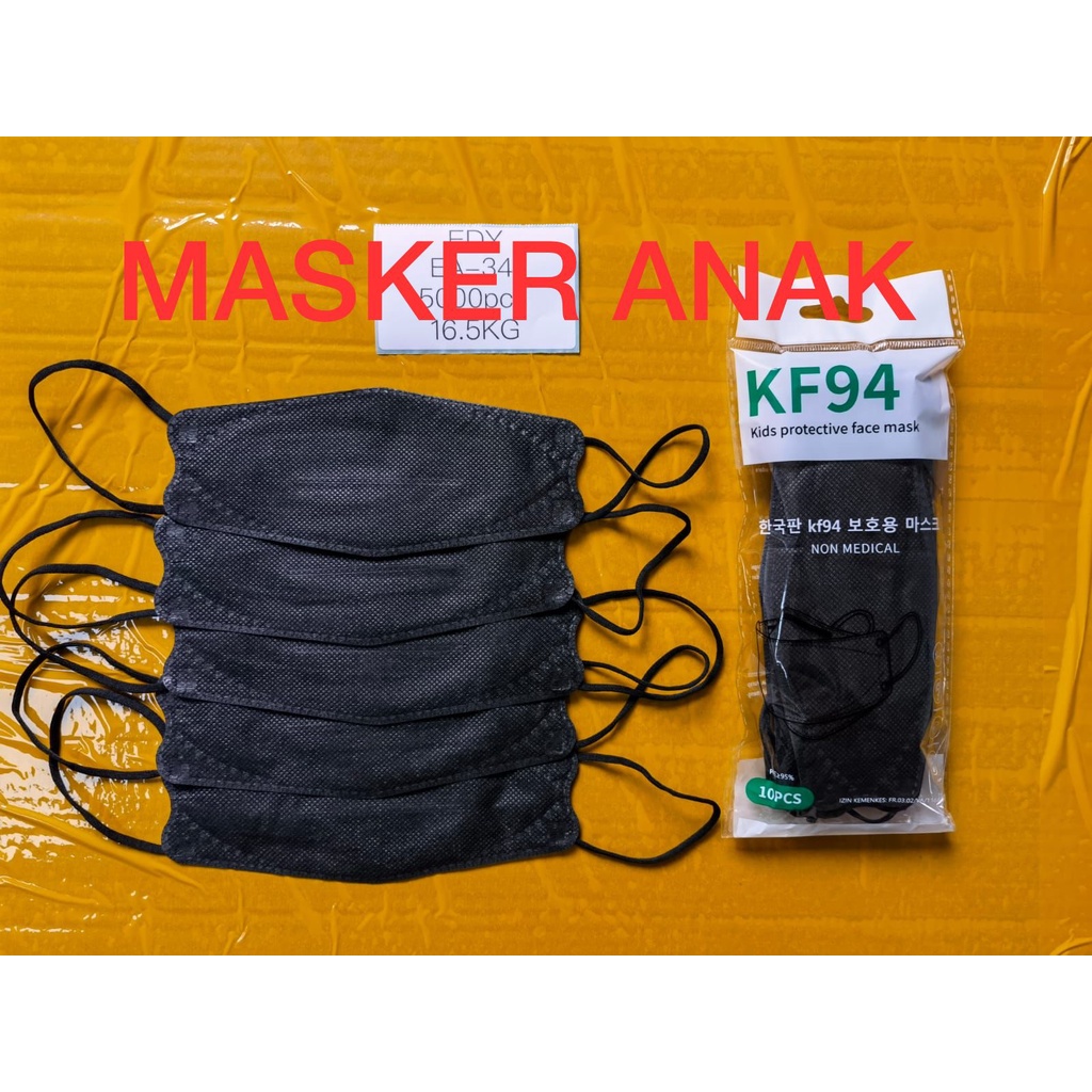 Masker kf94 anak polos hitam putih 1pak isi 10pcs