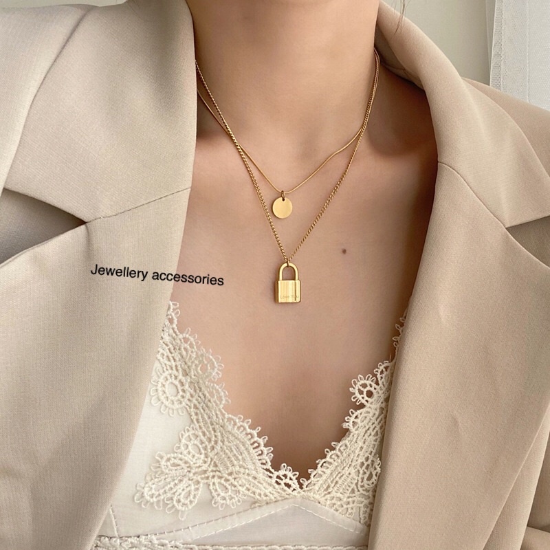 Kalung Titanium 2 Layer Gembok Koin Trending Korea Fashion Style