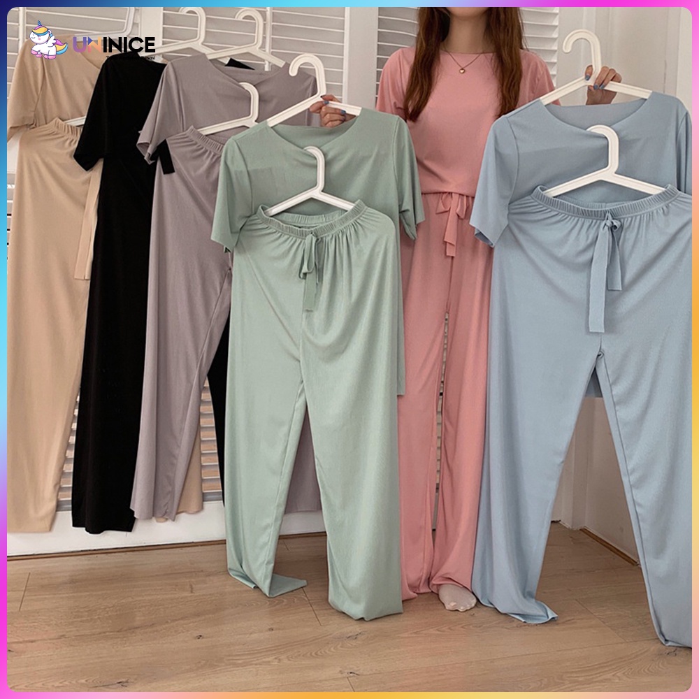 UNINICE Set harian/setelan wanita/set piyama wanita polos/Baju tidur/Setelan lengan pendek/warna solid satu ukuran piyama set/Pakaian rumah yang nyaman, bernapas, dan menyegarkan