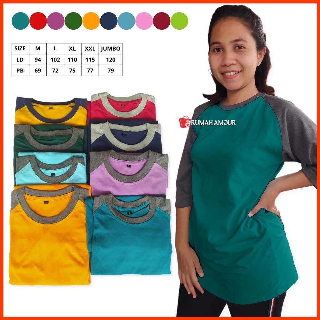 Kaos Raglan Wanita 7/8 Warna Hijau Tosca LD 126 Katun Melar Atasan Kaos Warna Hijau Tosca Lengan 7pe