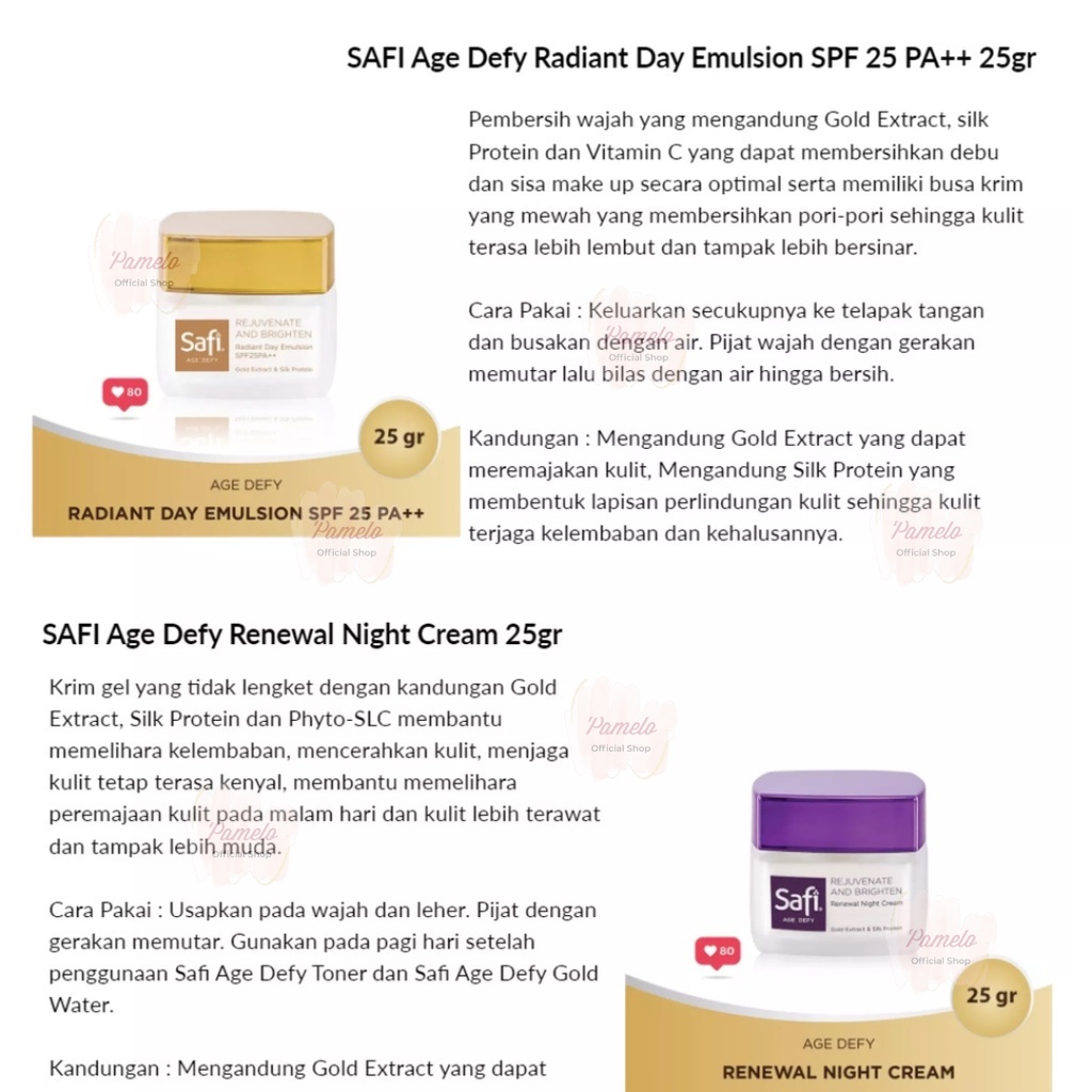 ❤️ Pamelo ❤️ Safi Age Defy Radiant Day Emulsion SPF25 PA++ | Safi Age Defy Renewal Night Cream25-40g