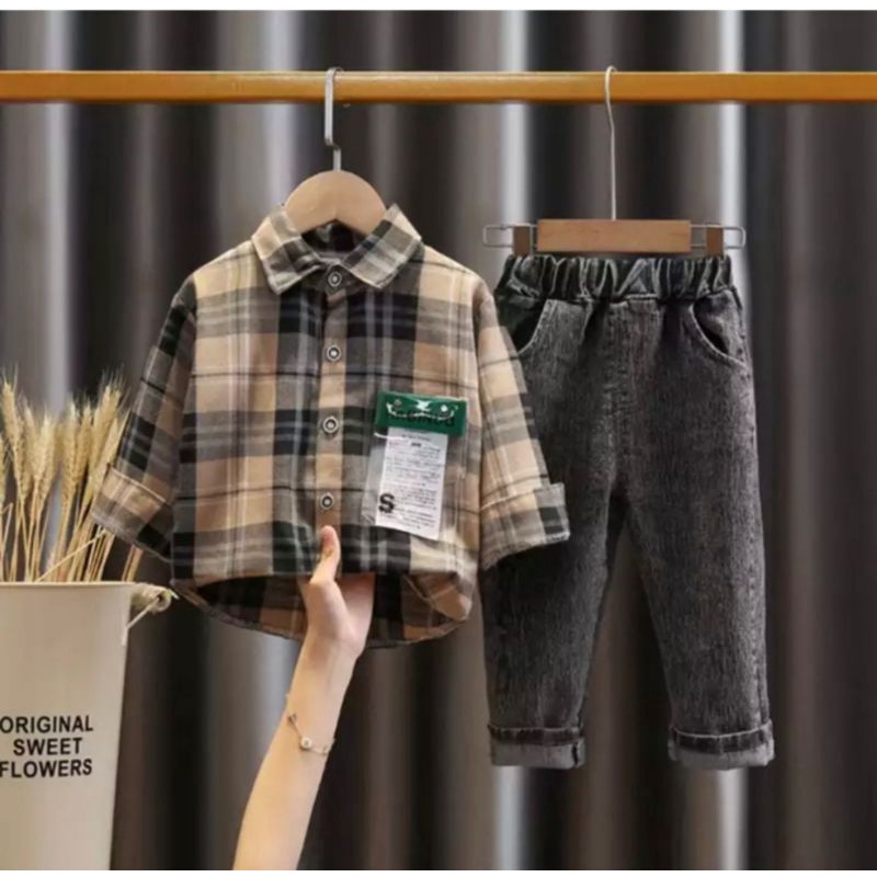 setelan kemeja anak laki laki terbaru/ set kemeja panjang celana JEANS 1-5 tahun