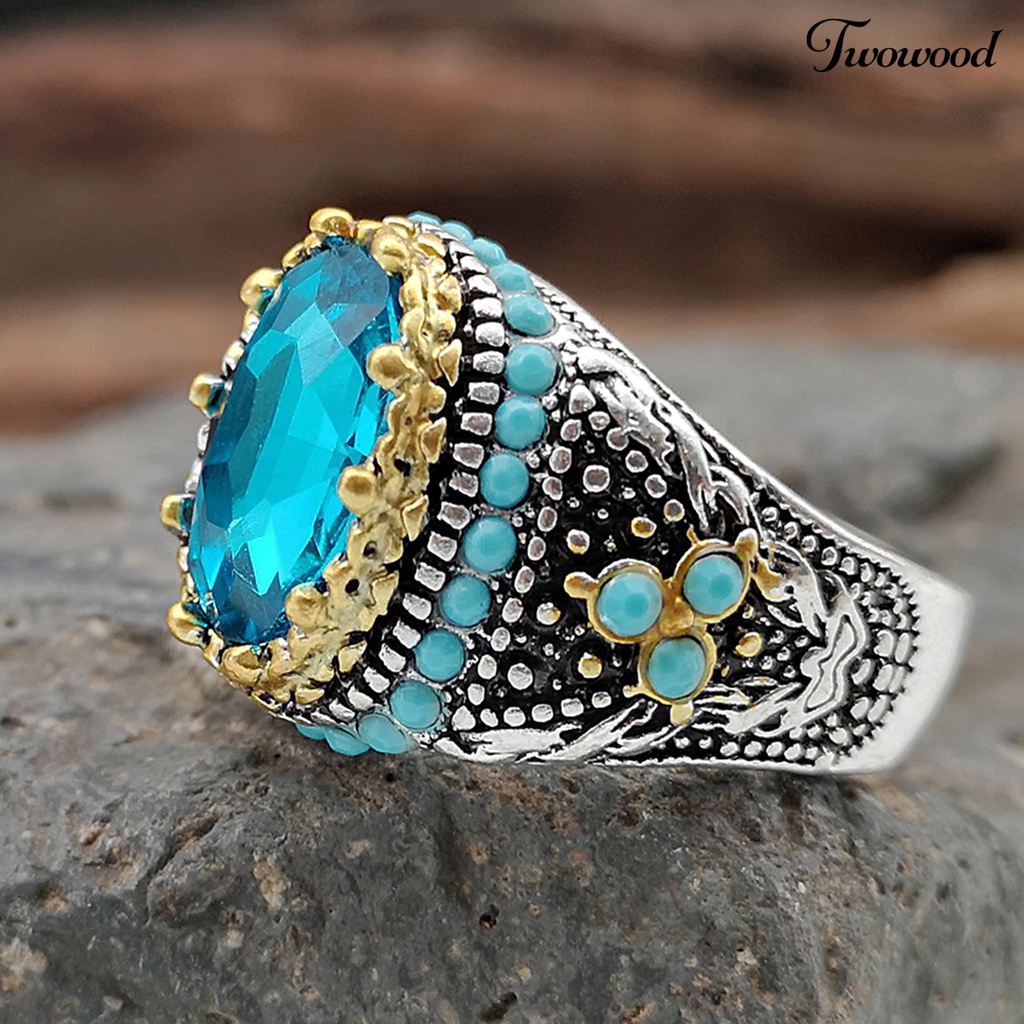 Cincin Berlian Imitasi Biru Turquoise Sparkling Gaya Vintage Untuk Pria