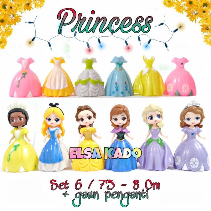 Figure Princess Ganti Baju Set 6 + 6 Gaun Frozen Belle Ariel Rapunzel