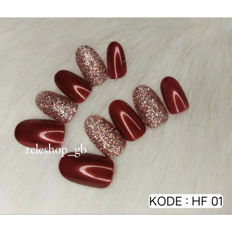 KUKU PALSU HIAS BENTUK OVAL PENDEK ISI 10 PCS FREE LEM KUKU / NAIL ART