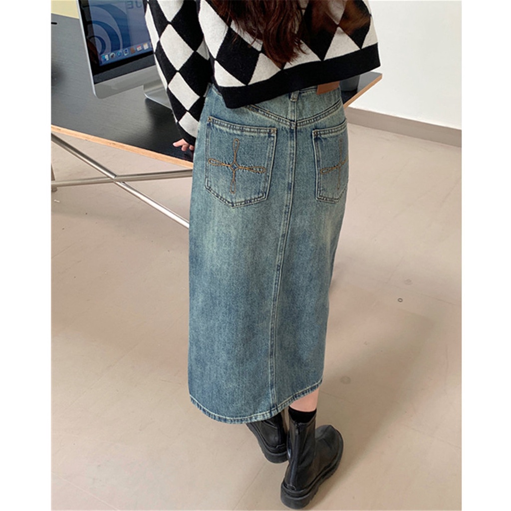 Import Highwaist Retro Fashion Kasual sedang dan panjang denim Rok