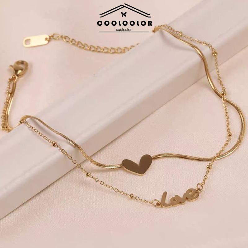 COD❤️Gelang Kaki Titanium Emas 18k 2 Layer LOVEHuruf Hati Anti Karat  Aksesoris Wanita Korea Unisex 2022 terbaru