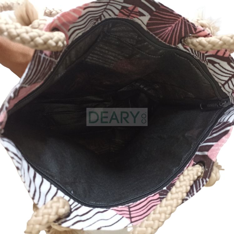 TOTE BAG CANVAS TALI SUMBU MOTIF DAUN TROPICAL UKURAN BESAR SERBA GUNA