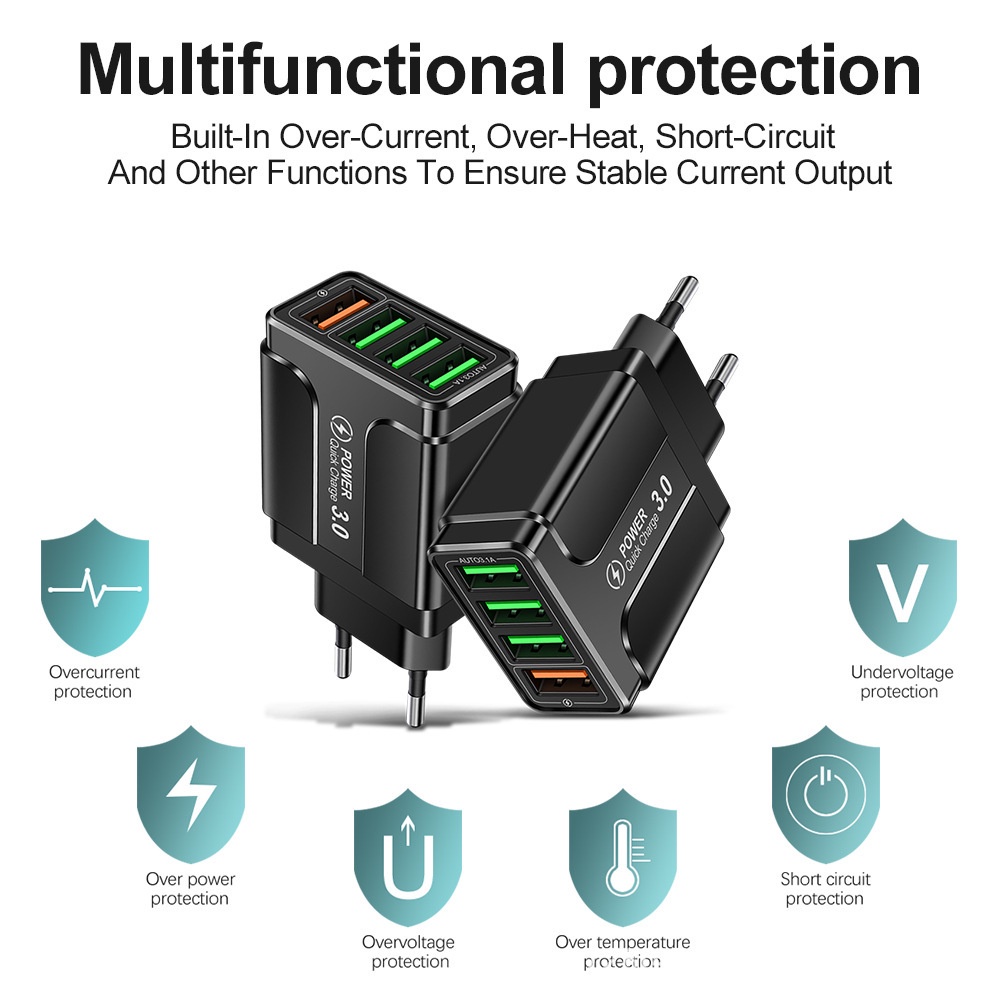 Adapter Charger Dinding 4 Port USB QC 3.0 Fast Charging Untuk Iphone 13 14 Tipe C Android