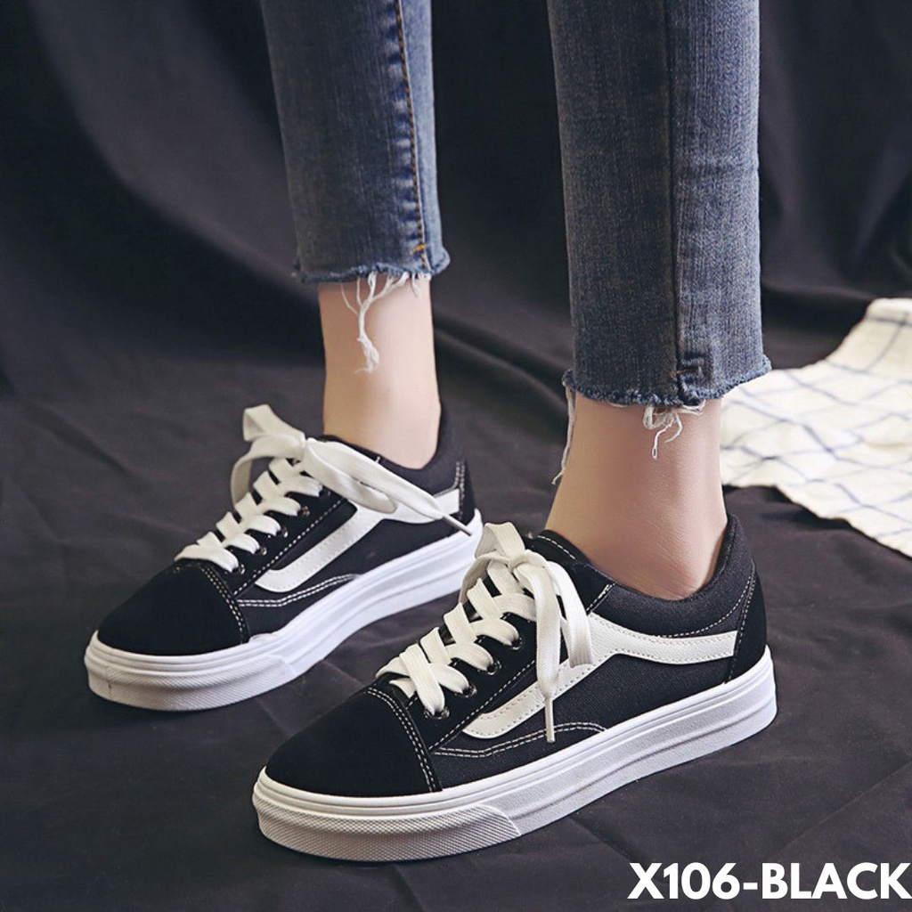 SNEAKERS WANITA KEKINIAN MOTIF HITAM PUTIH KECE BADAI BAGUS DEH BAHAN CANVAS KUALITAS IMPORT 106