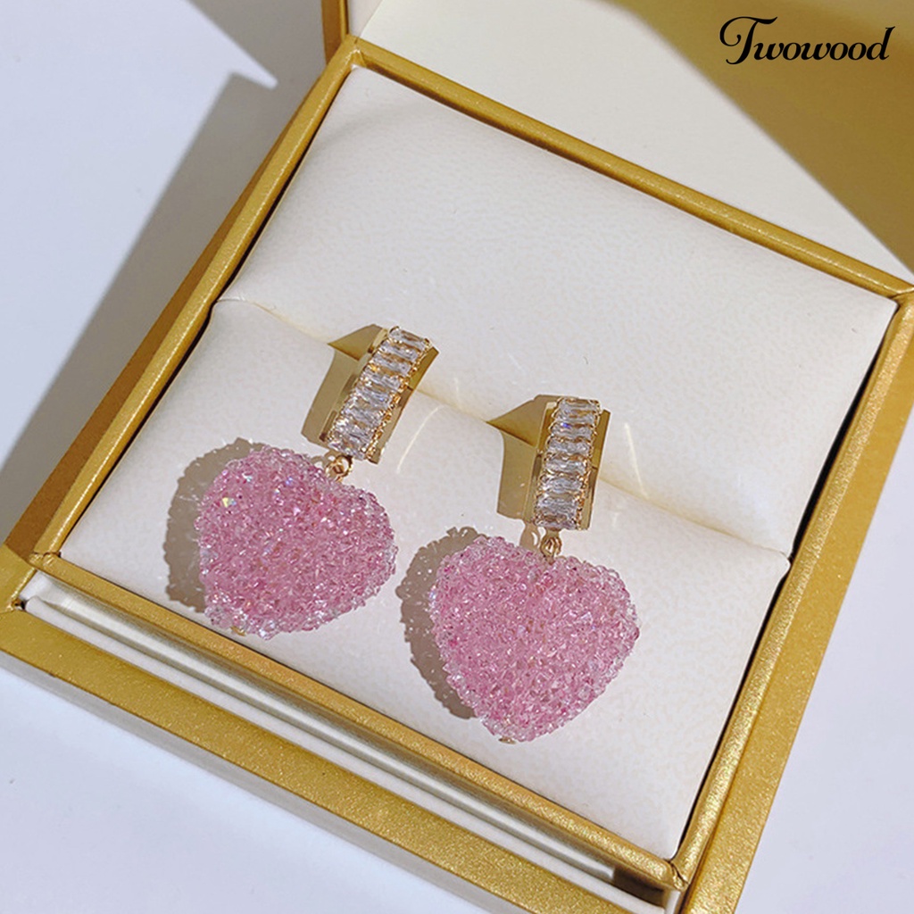 1 Pasang Anting Stud Liontin Geometris Kubik Zirkonia Anti Pudar Warna Pink Fudge Love Untuk Wanita