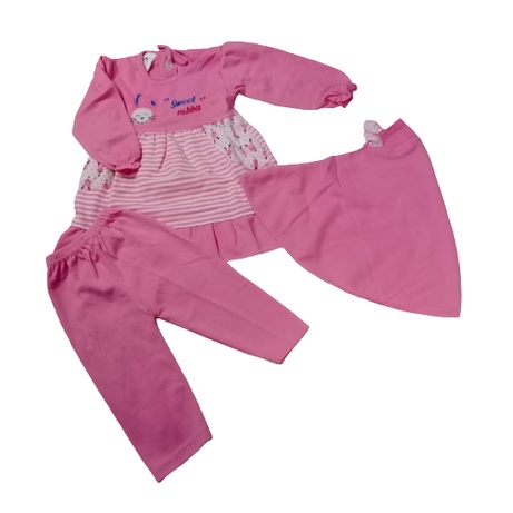 2 Set Baju Muslimah + Kerudung Anak Usia 1-2 Tahun, Gamis Lebaran Bayi Lucu Lembut Murah