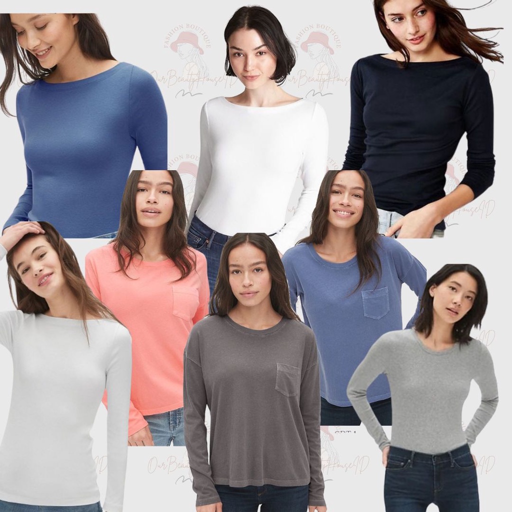 GAP Kaos Longsleeve Wanita Relaxed LS Pocket Tee Boaneck Supima Crew