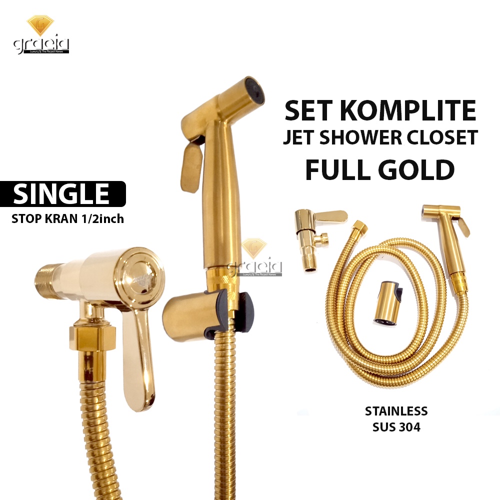 1 Set Shower Jet Washer Gold Stainless SUS 304 Bidet Cebok Kloset Closet WC Kamar Mandi + Stop Kran Single Sambungan  Selang 1/2 inch